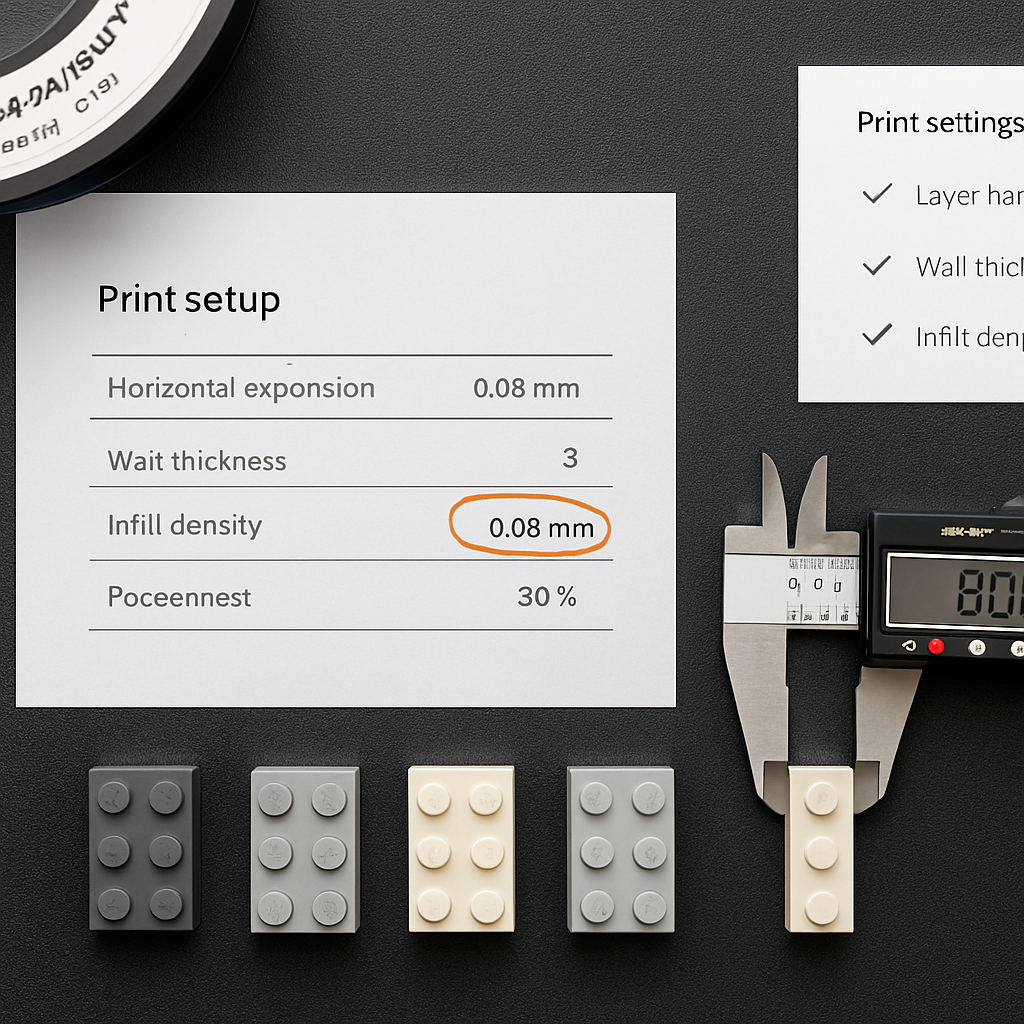 Overhead workspace showing five test 2x2 bricks in a tolerance progression row beside a slicer settings printout with horizontal expansion at -0.08mm, a digital caliper measuring stud diameter, and a sorted filament settings log