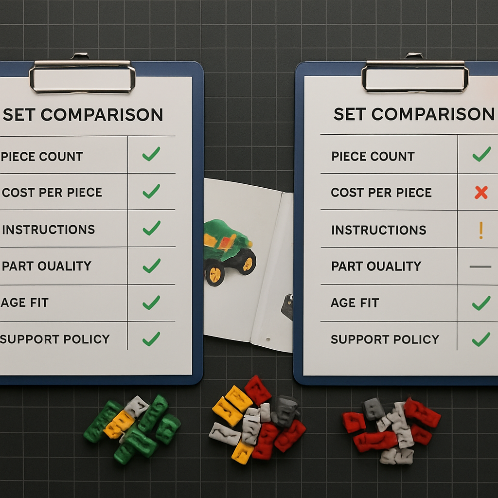 Side-by-side evaluation clipboard comparing two alternative lego sets across six criteria — piece count, cost per piece, instructions, part quality, age fit, and support policy