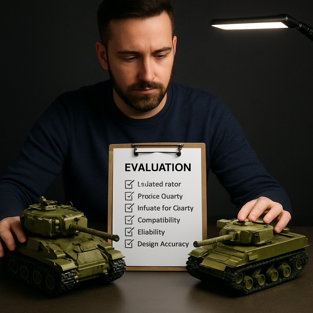 Adult collector comparing two military brick sets side by side using a 10-point quality evaluation checklist