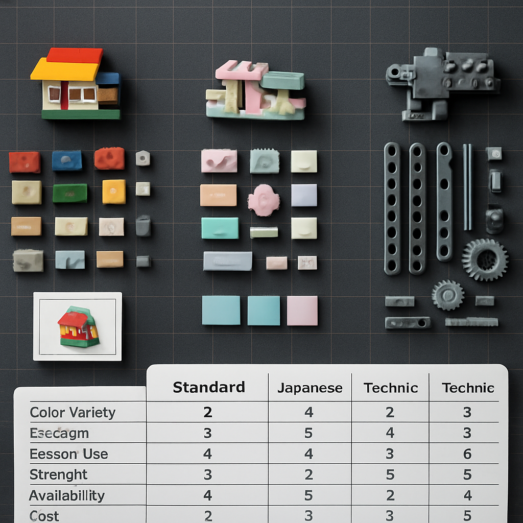 Three-system brick comparison flat-lay showing standard ABS bricks, Japanese-inspired pastel pieces, and Technic gears and axles with a printed scoring table
