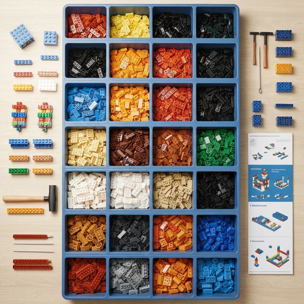 Organized building blocks workspace with sorted pieces and numbered bags ready for Mould King 17038 assembly