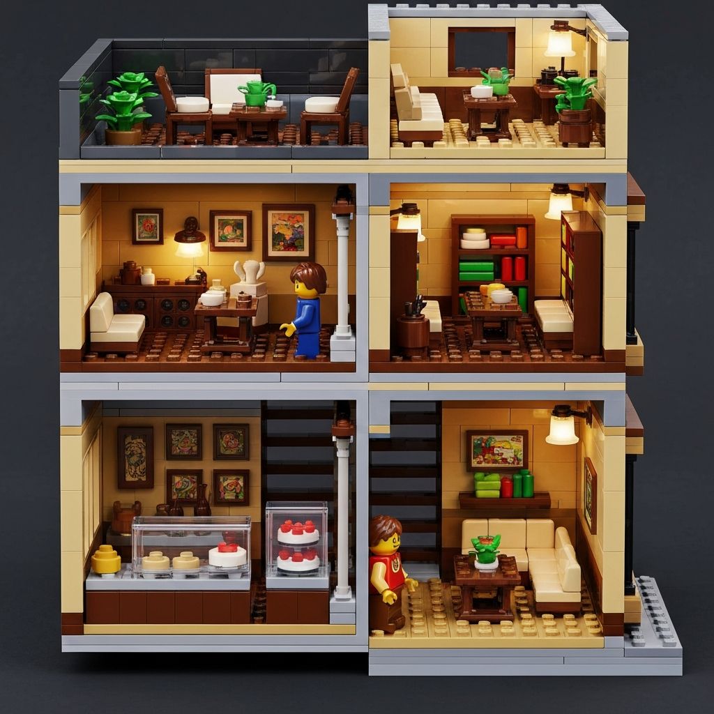 Cross-section interior view of Assembly Square 10255 modular building showing detailed ground floor bakery first floor apartment and rooftop terrace with minifigures