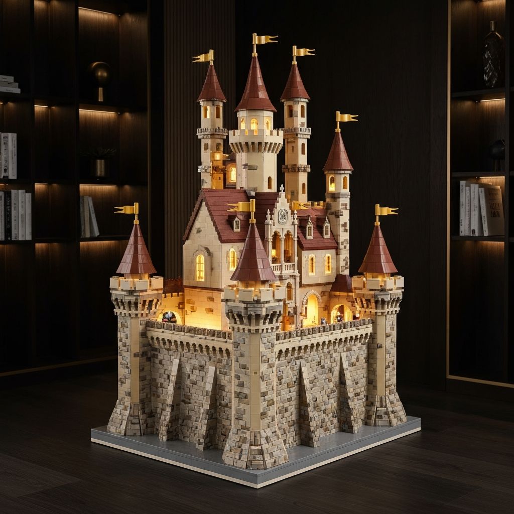 Baka Magic Castle building block model displayed in a clear acrylic case with LED interior lighting in a modern home setting