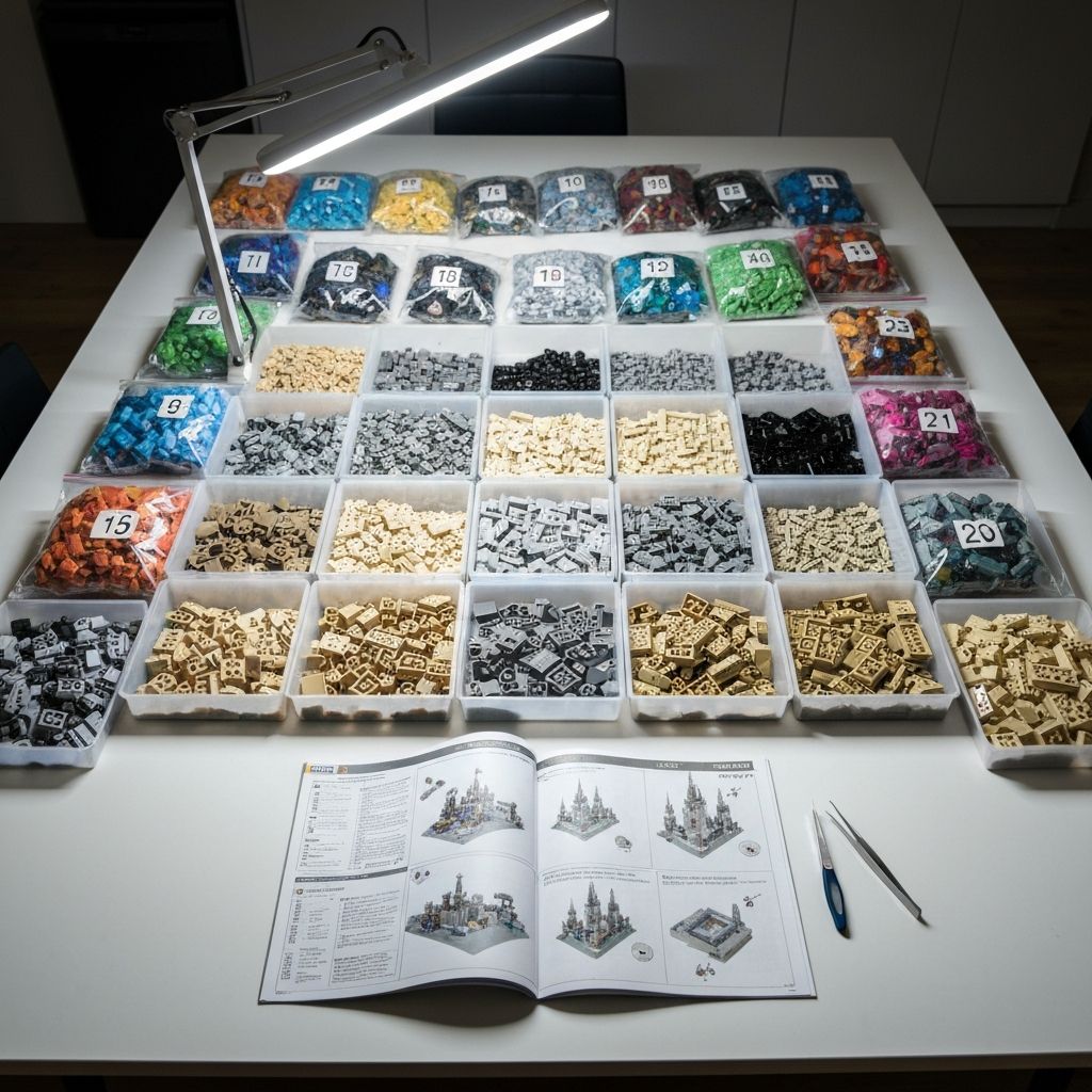 Organized workspace for the Baka Magic Castle build — sorted ABS bricks in trays, LED lamp, and open instruction manual