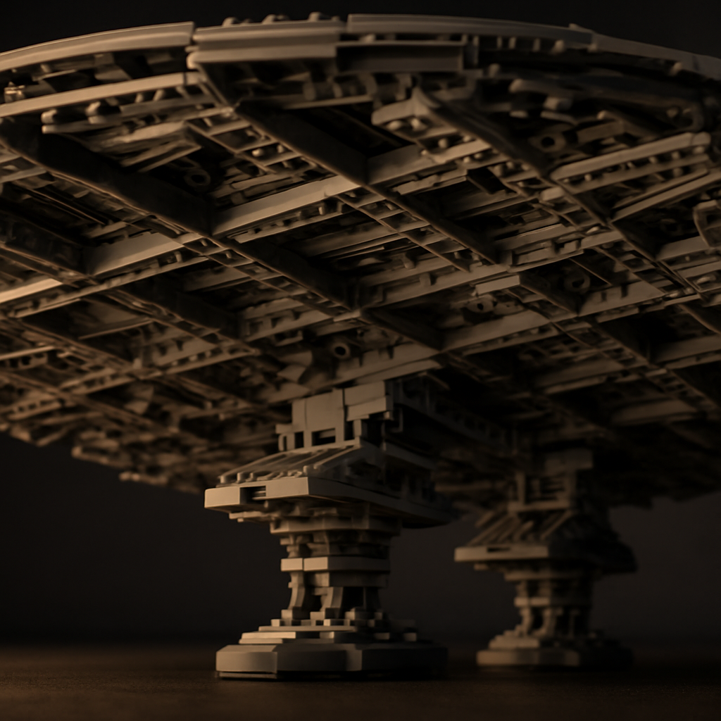 Underside of a large disc-shaped Millennium Falcon alternative build showing internal cross-bracing beams, layered plate structure, and four landing gear legs before top panels are attached