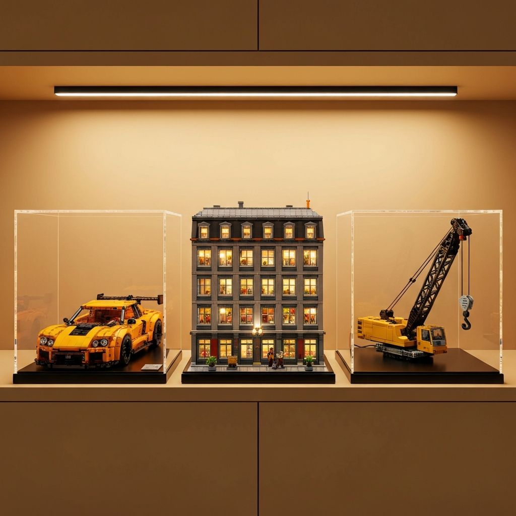Premium adult building block display shelf with three completed models inside custom acrylic cases with UV filtering, including a 1:8 scale Technic supercar, modular city building, and motorized crane