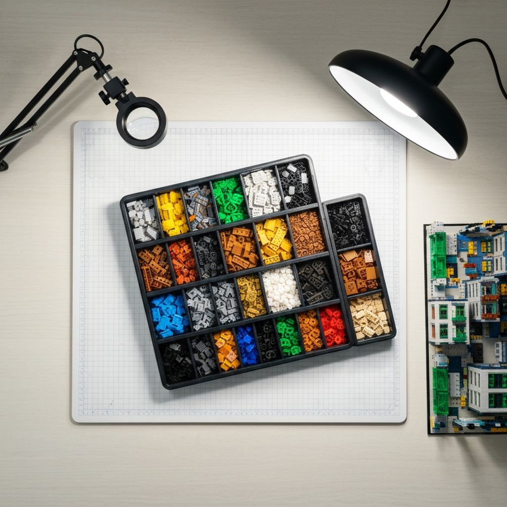 Organized adult building block workspace overhead view with multi-compartment hardware trays, sorted micro-scale ABS bricks, magnification lens, and a half-assembled nanoscale city building — ideal setup for micro building block sets for adults