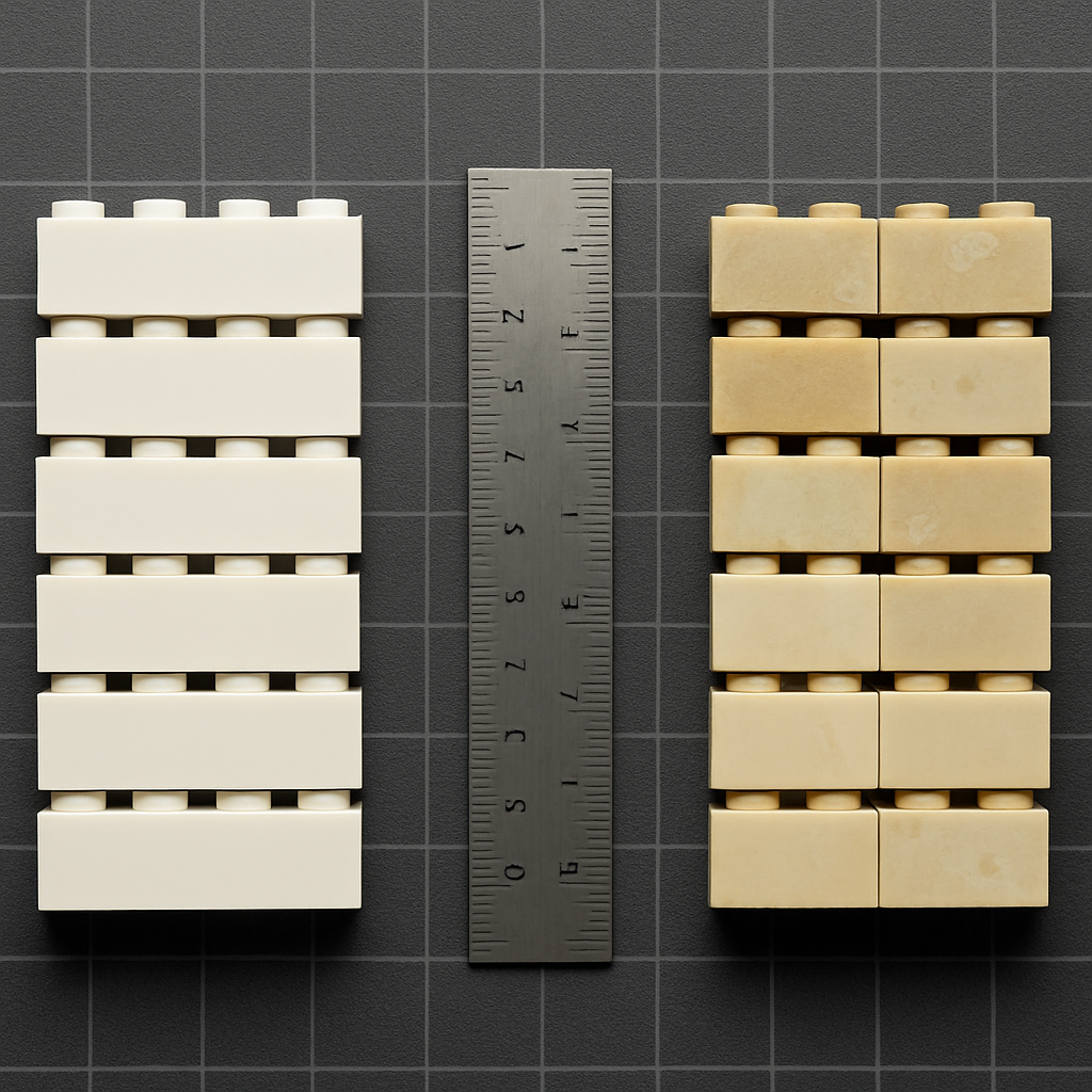 Side-by-side brick quality comparison: premium ABS bricks with sharp clean studs on the left versus lower-quality bricks with rough edges and mismatched color tones on the right
