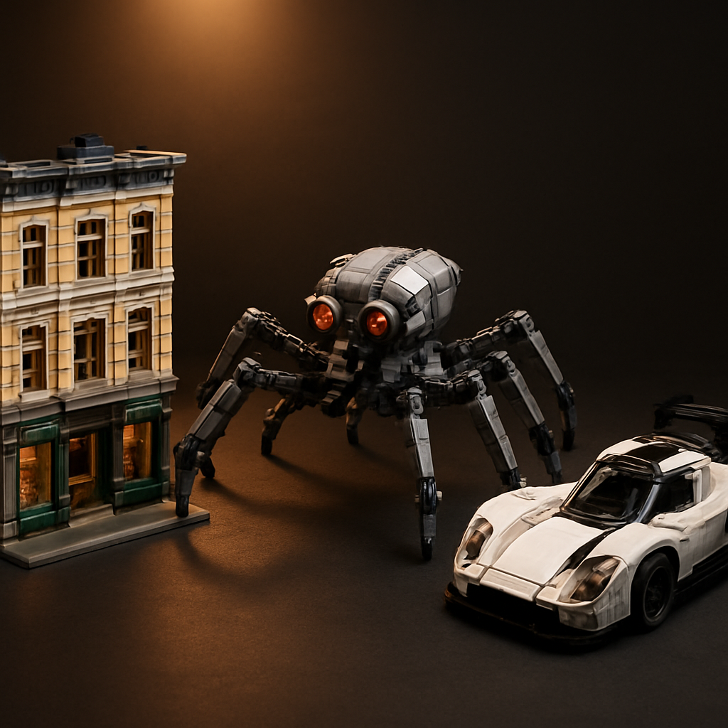 Three completed alternative LEGO builds: a modular building, a Technic robot spider, and a racing car, displayed on a dark surface under amber studio lighting
