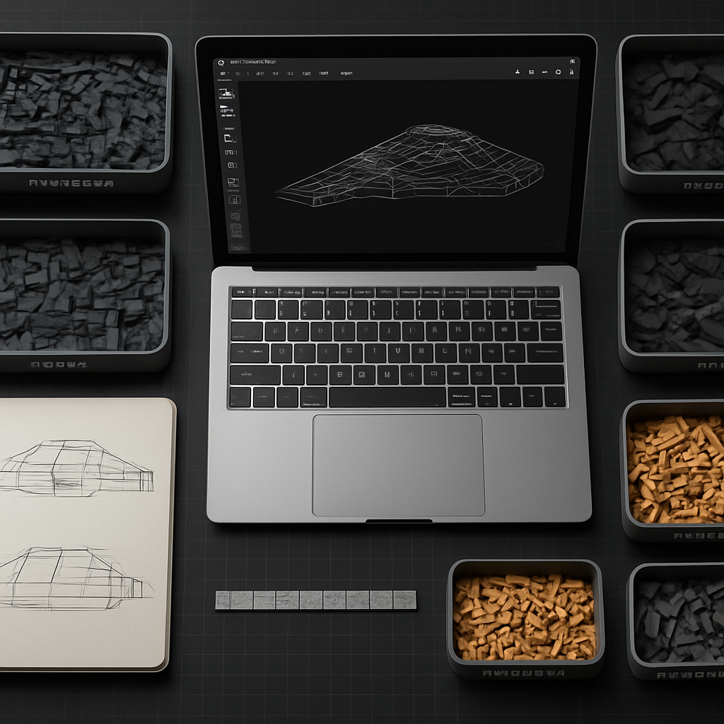 Overhead flat-lay of a brick builder planning workspace with Studio by BrickLink open on a laptop, six sorting trays of ABS parts, a sketchbook with front and side view proportions, and a ruler on a dark build mat