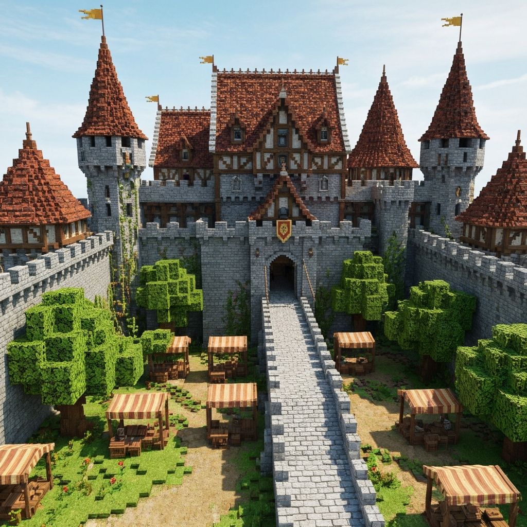 Aerial view of Blaustein Castle expansion grounds with blue tile moat, drawbridge, green courtyard, market stalls, and minifigure merchants
