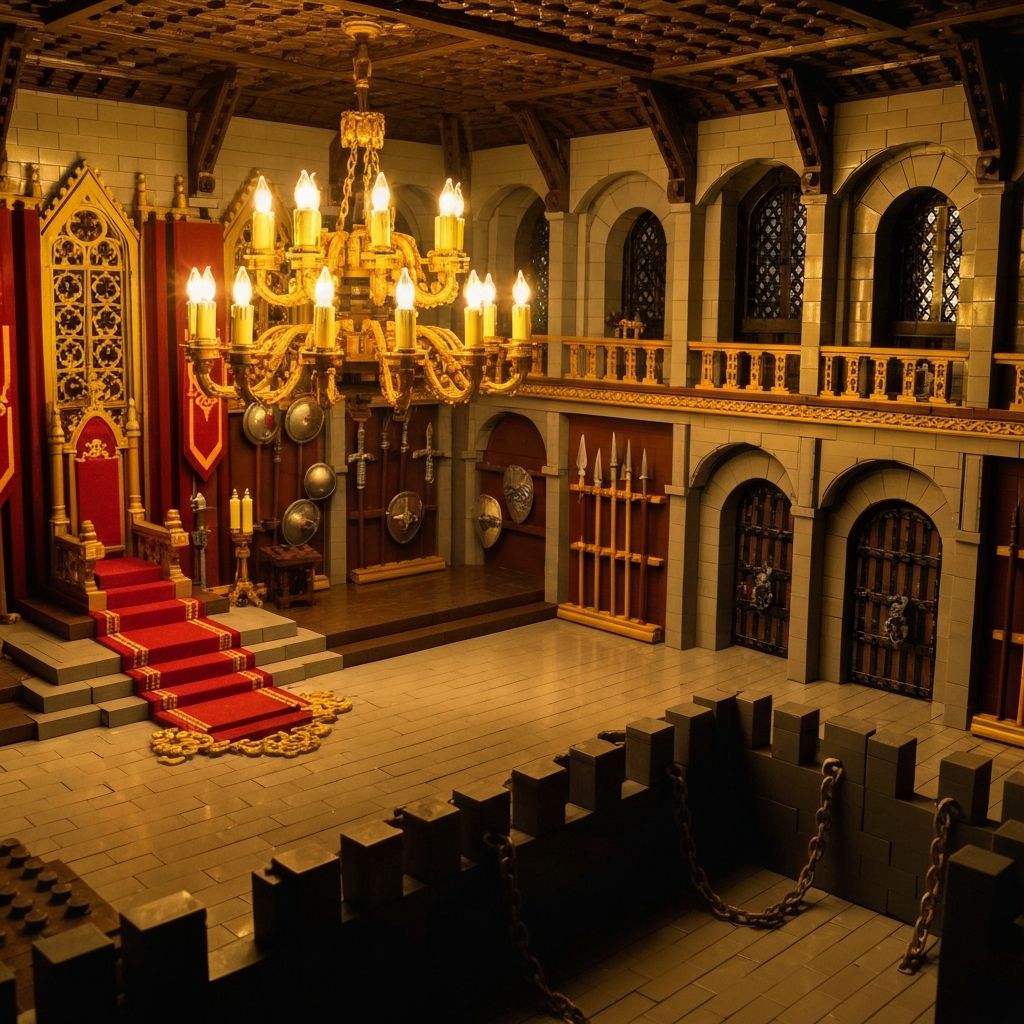 Detailed interior of the Blaustein Castle expansion showing throne room with red carpet and chandelier, armory wall with weapons, and dungeon section with LED lighting
