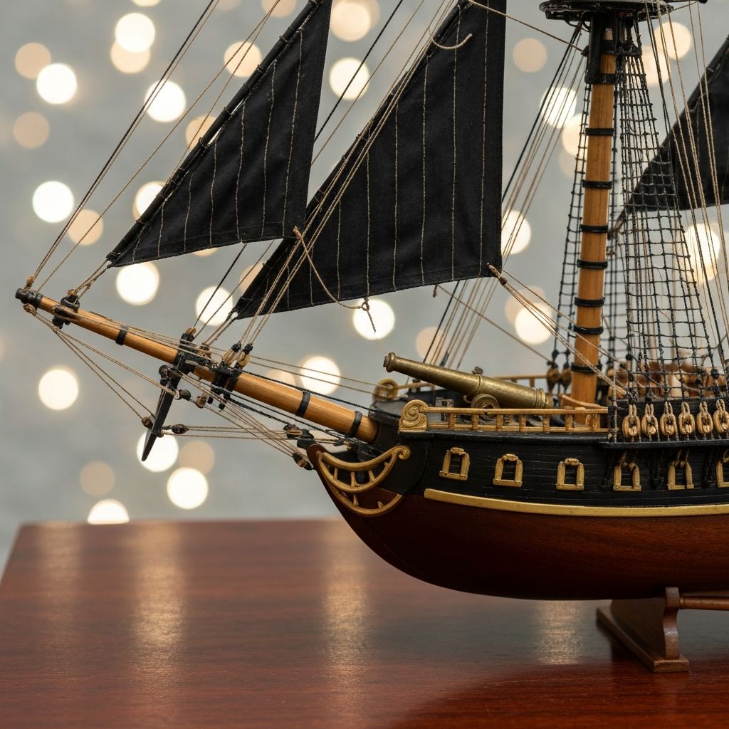 Close-up detail of the Mould King 13188 Mary Pirate Ship building block model showing dark brown hull bricks tan deck planking and brass-colored cannon barrels