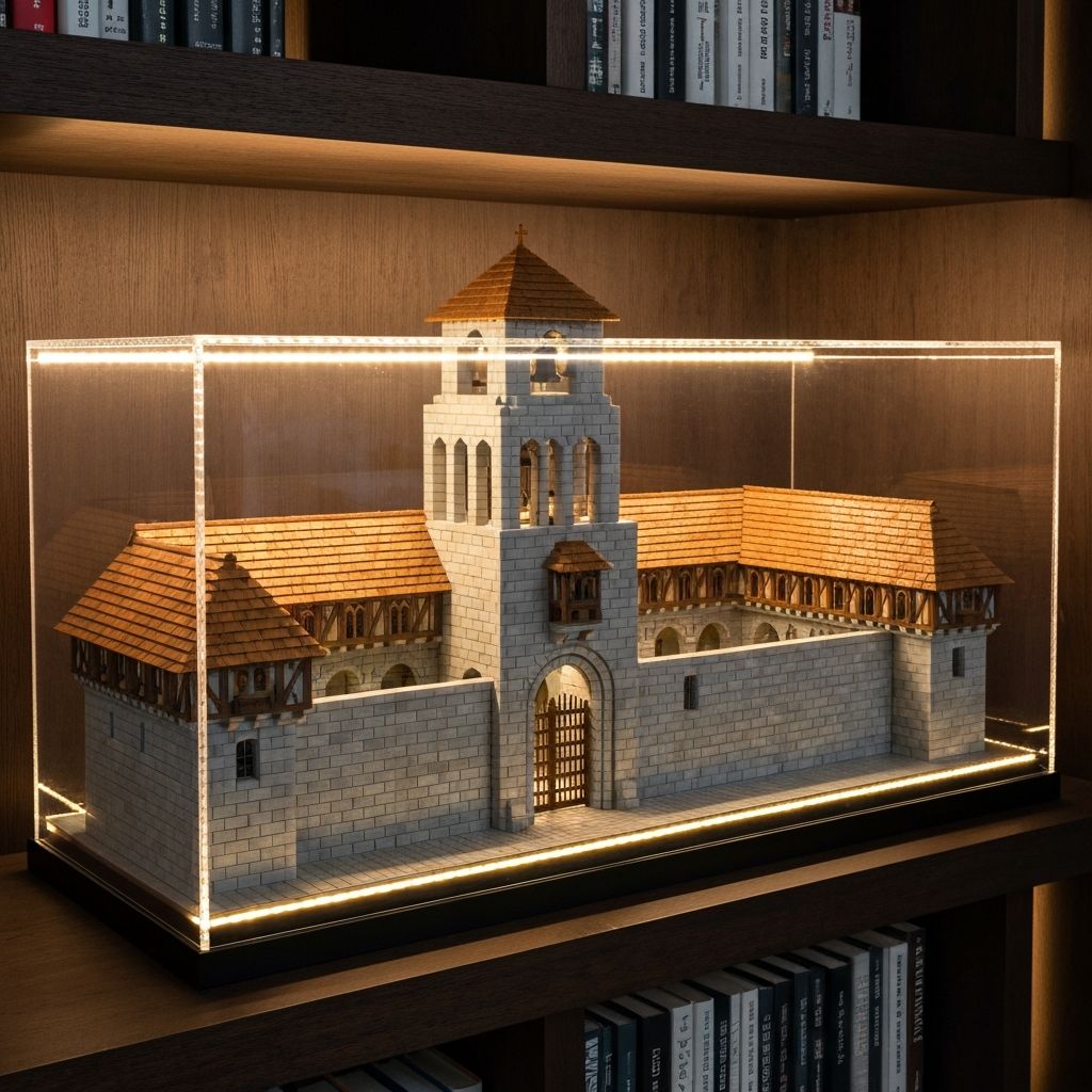 Completed Blaubrunn Monastery building block model displayed inside a UV-protective acrylic case on dark wood shelving with warm LED strip lighting