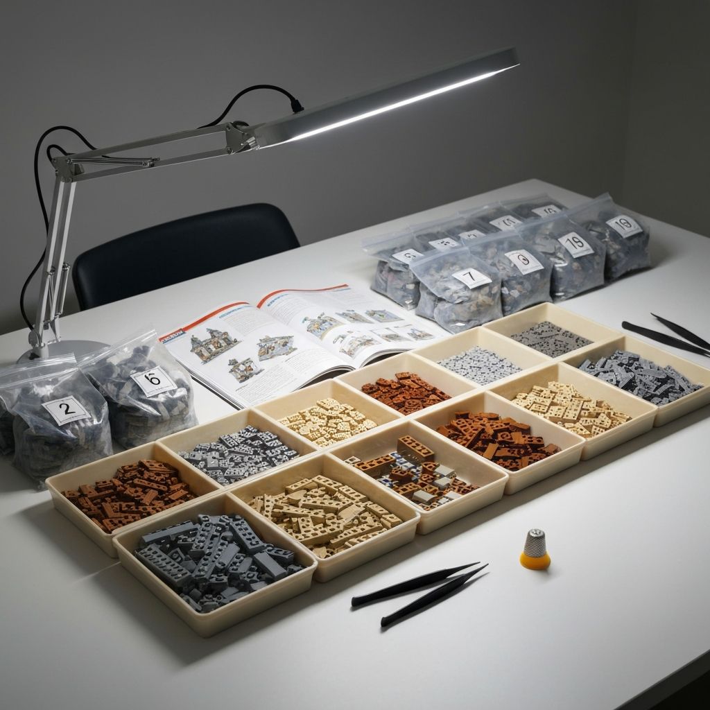 Organized adult builder workspace for the Blaubrunn Monastery building block set with sorted ABS brick trays, open instruction manual, and LED desk lamp on a white table
