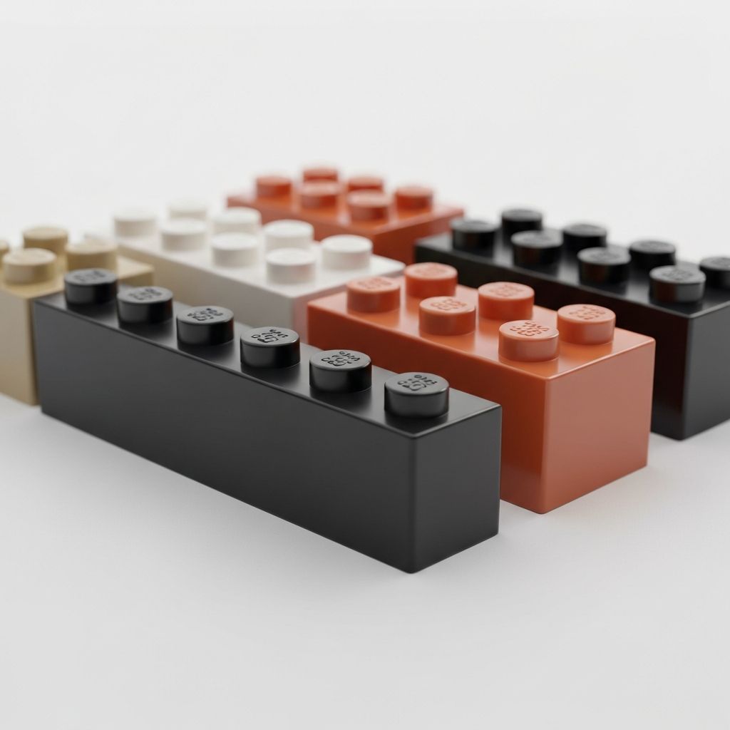 Close-up of premium ABS building block bricks being tested for clutch power with digital calipers measuring stud tolerance on a white table