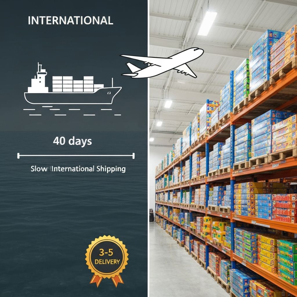 Comparison between slow international shipping route taking 40 days and fast US domestic fulfillment warehouse with 3-5 day delivery for building block sets