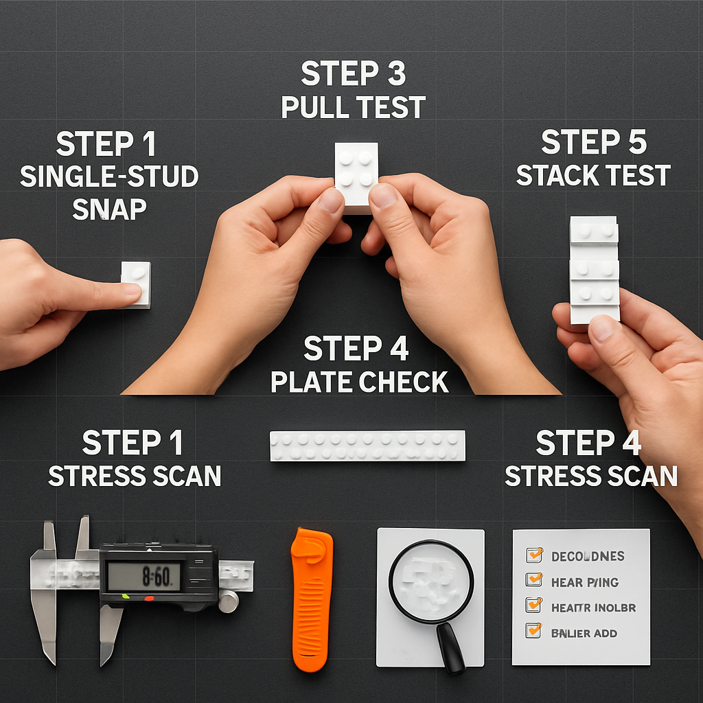 5-minute brick fit test workspace showing snap test, pull test, stack test, plate check, and stress scan steps with caliper and certification cards