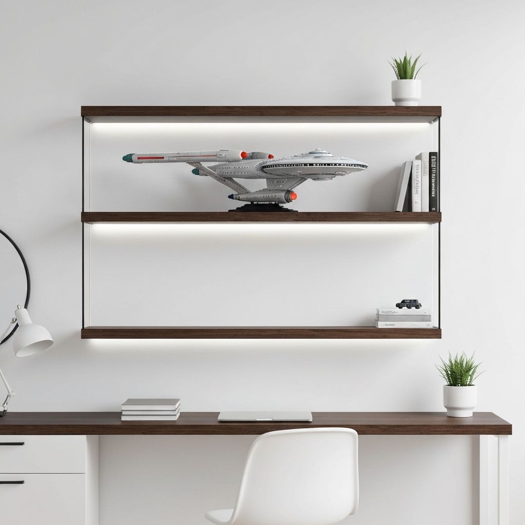 Premium adult building block display shelf with a Star Trek-style starship and WWII German tank inside UV-protective acrylic cases with LED strip lighting
