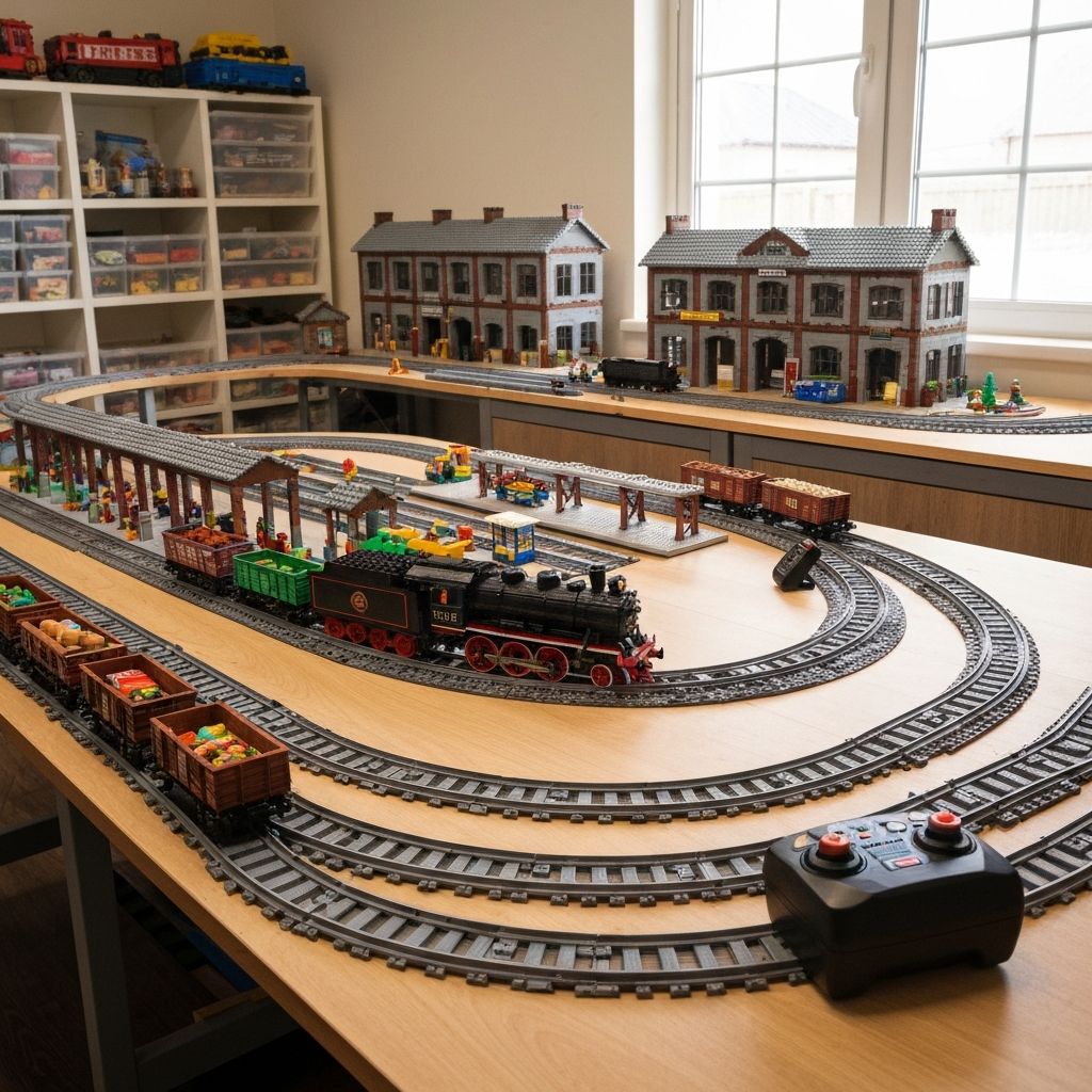 Large scale alternative building block train layout with a detailed steam locomotive pulling freight cars around a grey track with station buildings and switches