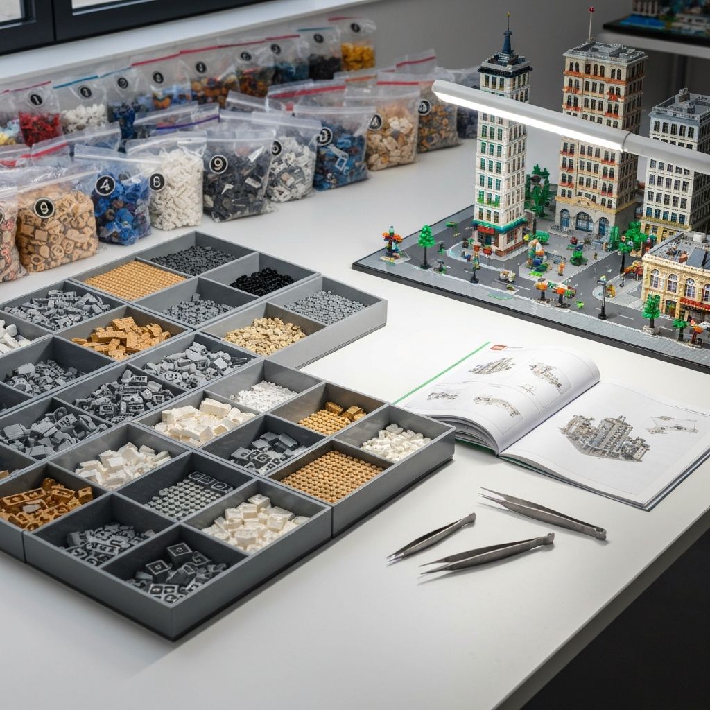 Organized adult builder workspace with completed modular building block model, sorted ABS bricks in trays, LED desk lamp and open instruction manual