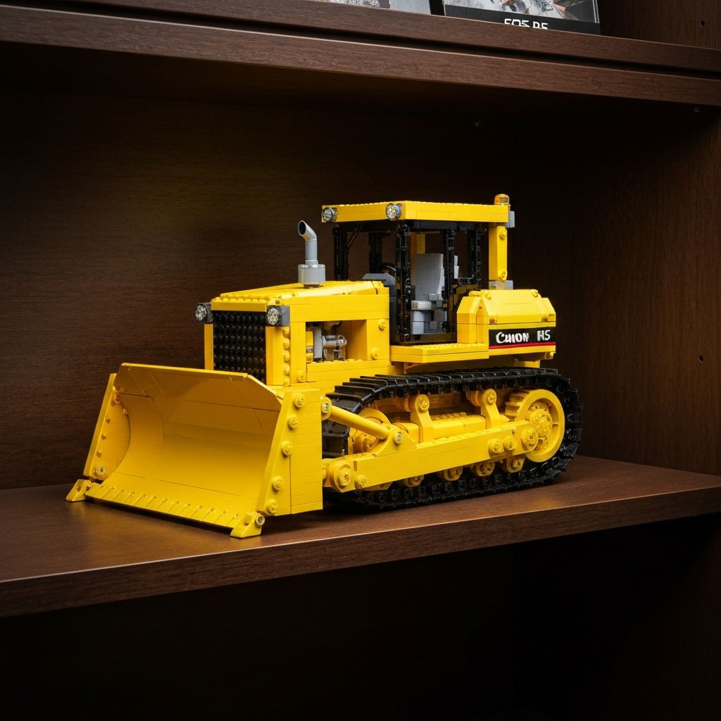 CaDA C61056 bulldozer building set displayed on premium collector shelf with dramatic lighting