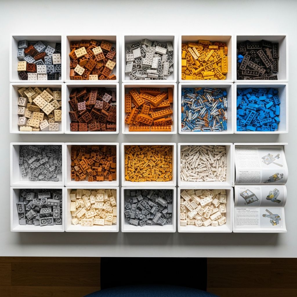 Overhead view of an adult brick hobbyist sorting station with divided trays grouping compatible bricks from multiple brands by type and colour