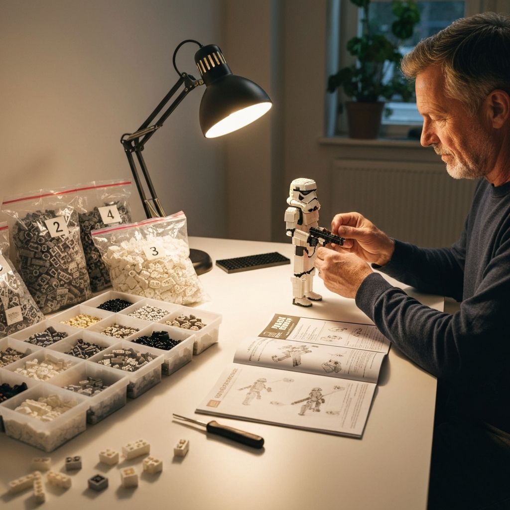 Organized workspace for building the Cada Stormtrooper with sorted numbered bags, trays, and instruction manual