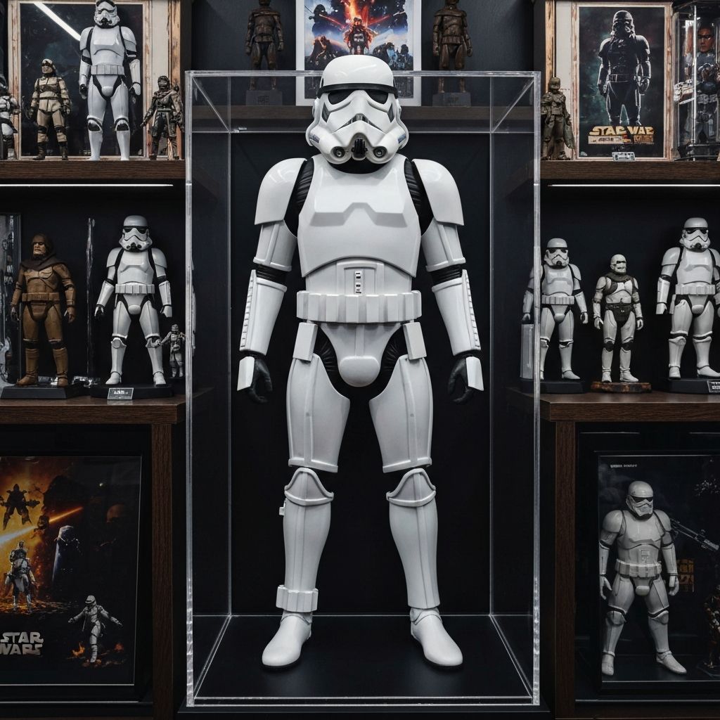 Completed Cada Stormtrooper building block figure displayed in an acrylic case with LED lighting on a collector shelf