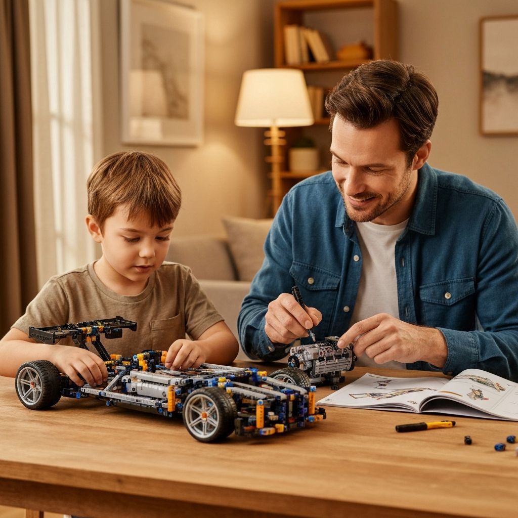 Parent and child building a Cada supercar series model together at a table, demonstrating the modular build approach