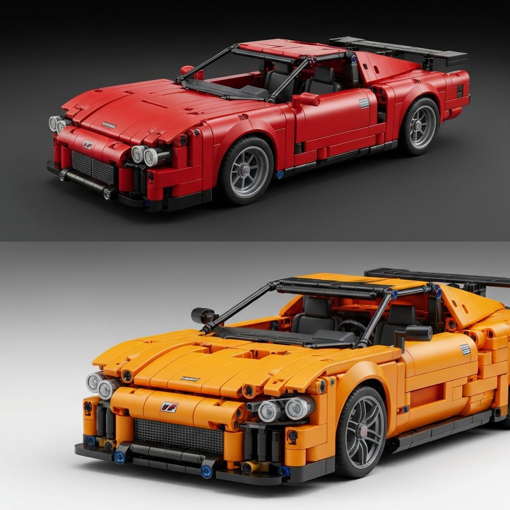 Side by side comparison of Cada supercar series 2026 model versus standard Technic brand, showing piece count and detail difference