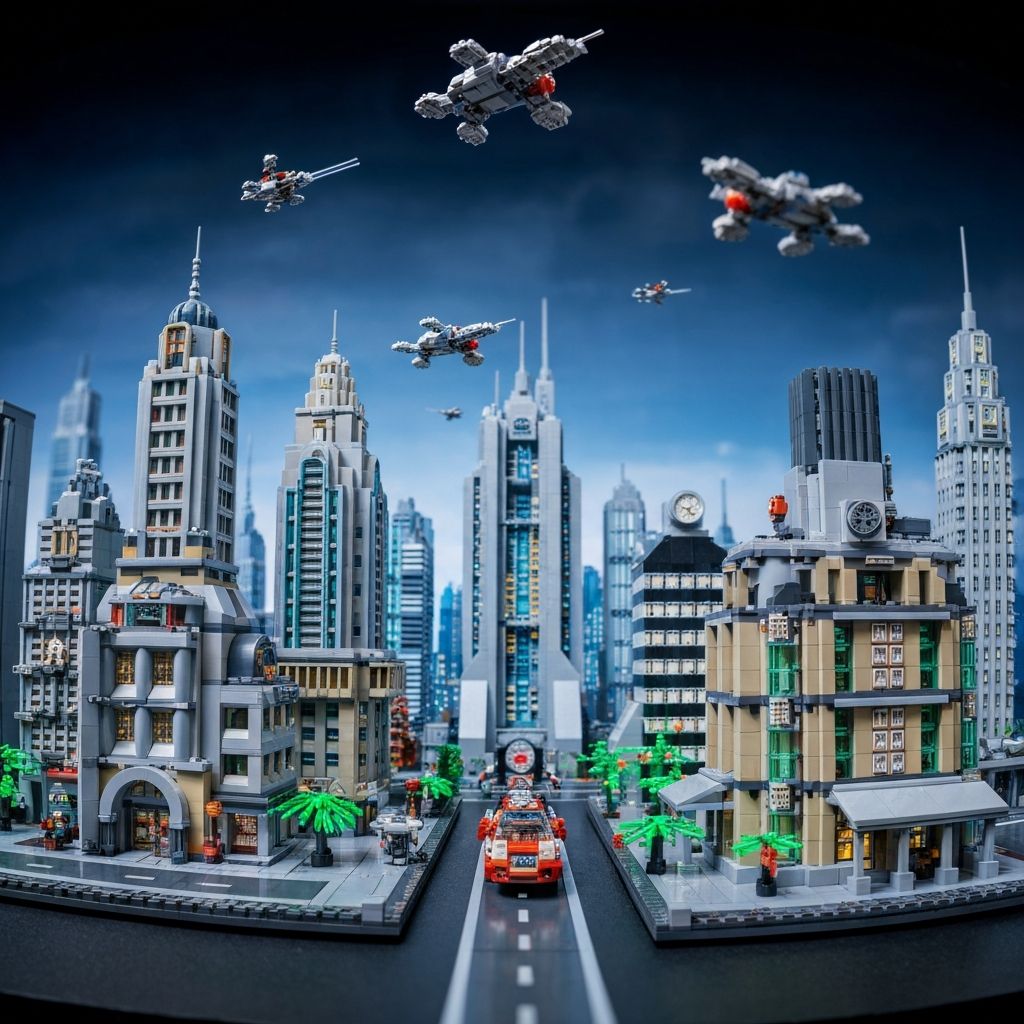 Impressive large scale alternative brick diorama display on a wide shelf with LED lighting, showing city skyline modular buildings and Technic vehicles