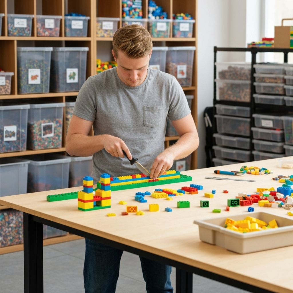 Adult builder workspace showing premium alternative and official brand building blocks being integrated seamlessly with sorting trays and instruction manuals