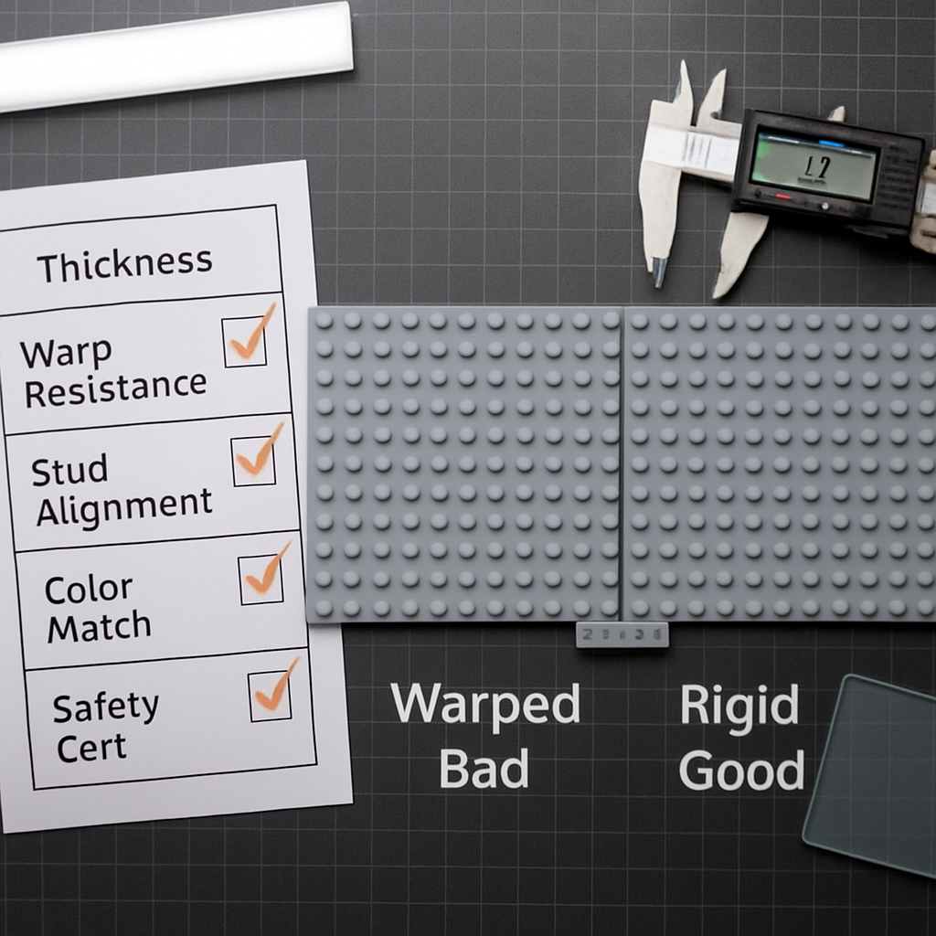 Base plate quality testing — a warped base plate labelled Bad beside a flat rigid base plate labelled Good, with bridging bricks locking two plates together and a warp-resistance checklist