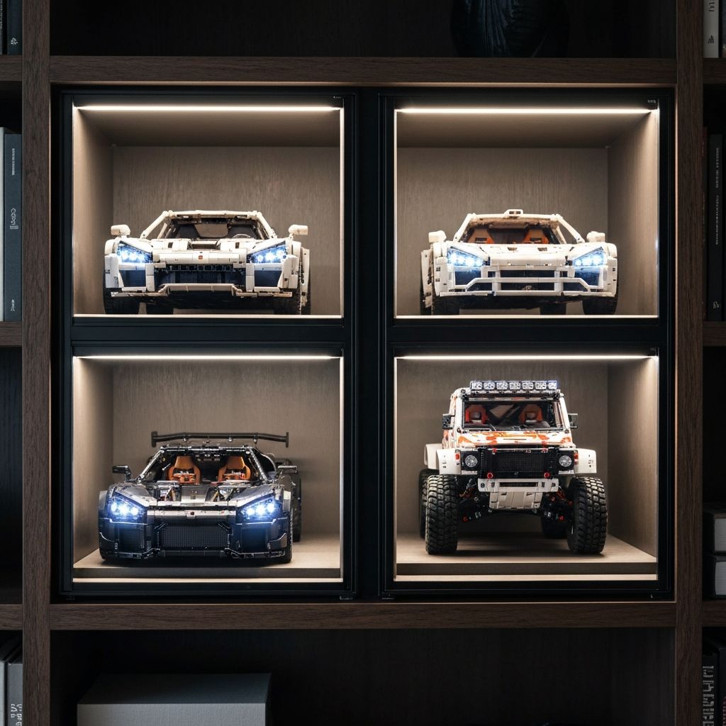 Completed premium alternative Technic supercar and rally truck models displayed in UV-protective acrylic cases with LED accent lighting on dark wood shelving