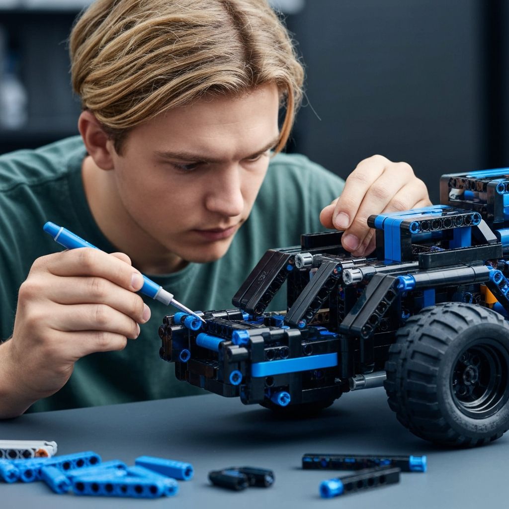 Organized Technic building workspace with ABS pins axles and gears sorted by type in shallow trays beside an open instruction manual and LED desk lamp