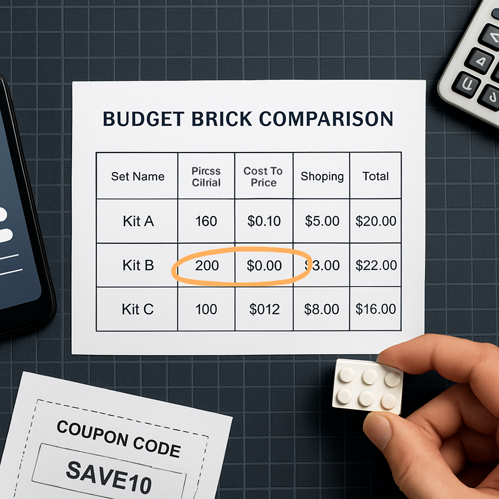Overhead flat-lay of a budget brick comparison workspace showing a printed three-column comparison table with Kit B circled as winner, a clutch-test brick, a smartphone with reviews, a calculator, and a coupon code printout