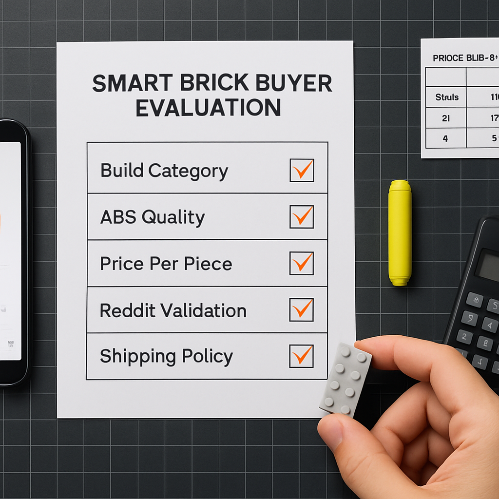 Smart buyer evaluation workspace showing a 5-step checklist, ABS brick clutch test, Reddit thread open on smartphone, and price-per-piece comparison table for three cheaper LEGO alternative brands