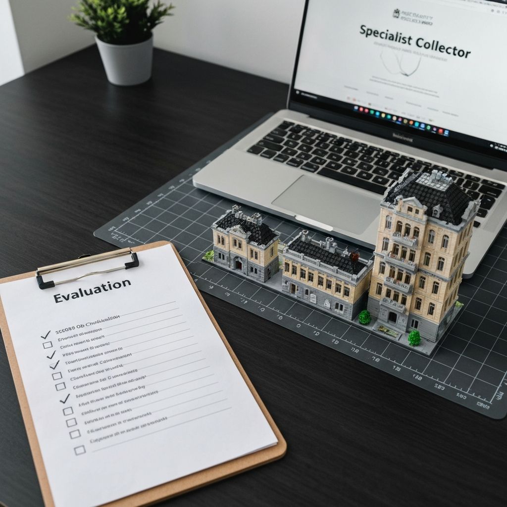 Adult collector using a printed nine-checkbox evaluation checklist beside a 3500-piece architectural building set on a build mat, laptop showing specialist collector brand website in background