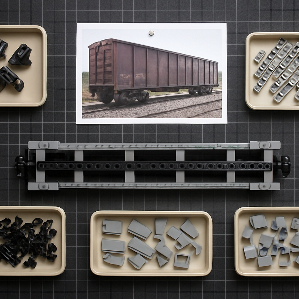 Overhead view of an 8-wide brick train chassis build workspace showing Technic beam spine, wheel axle frames, magnetic couplers, and sorted part trays for moc building blocks