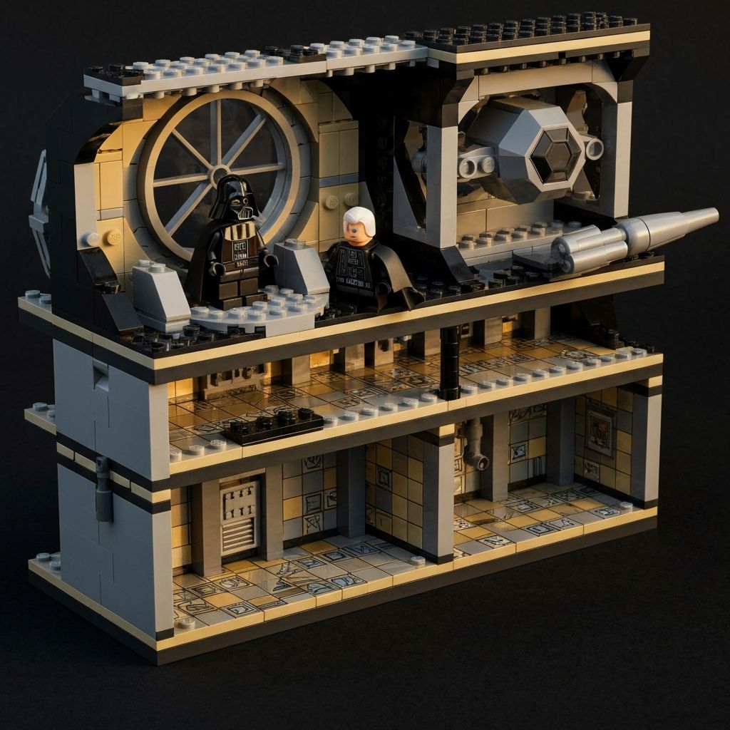 Death Star 75159 interior cross-section showing Emperor's throne room with Darth Vader and Emperor Palpatine minifigures, trash compactor level with walls, and hangar bay opening — all built from dark grey and black ABS bricks