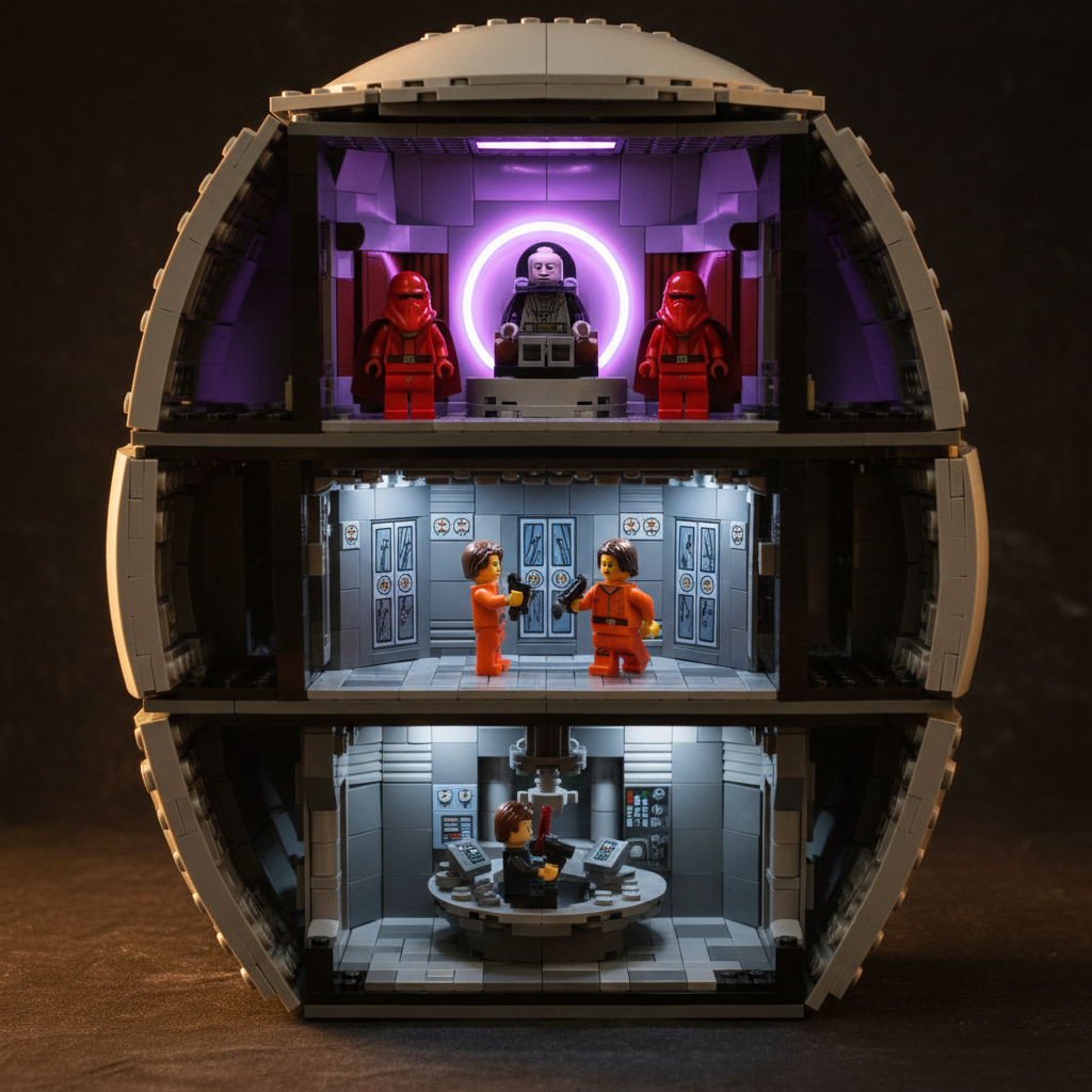 Death Star 75419 interior cross-section detail showing Emperor Council Chamber throne room with Palpatine minifigure and LED purple glow, detention block corridor below, and tractor beam control platform with grey panel tiles