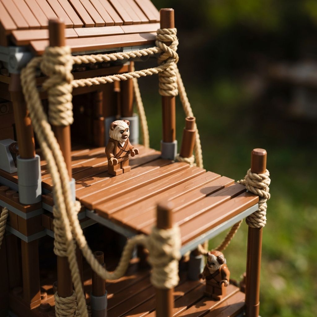 Close-up of Ewok Village building block model showing elevated platform hut rope bridge and Star Wars minifigures