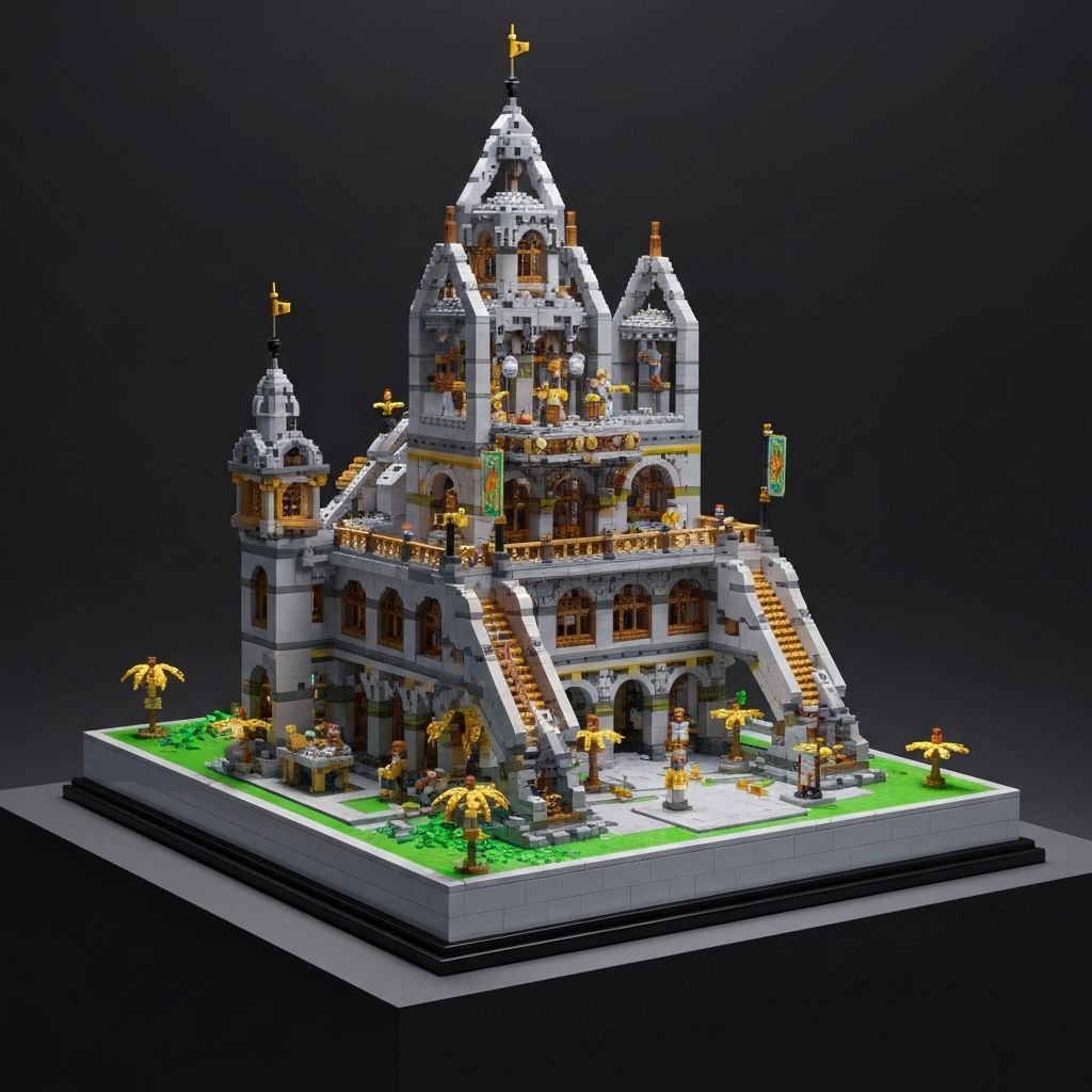 Completed Mould King 17038 model displayed on a premium shelf with professional lighting