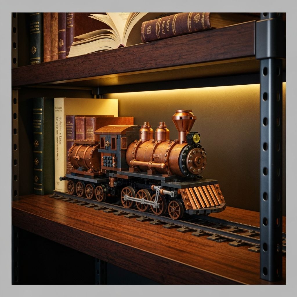 Funwhole F9006 Steampunk Ore Train displayed on dark wood industrial shelf with warm LED glow contrasting copper and black bricks