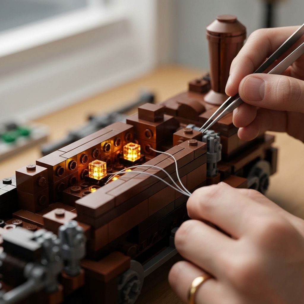 Step-by-step LED wiring process for the Funwhole F9006 Steampunk Ore Train, showing thin wires routed between copper-toned bricks