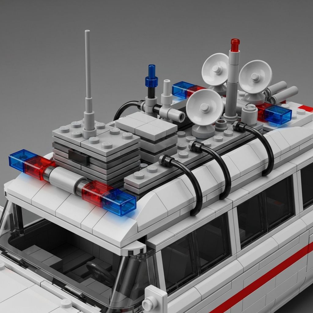 Close-up of the Ghostbusters Ecto-1 10274 roof section showing dense ABS brick equipment including struts, light bars, hoses, and antenna dishes