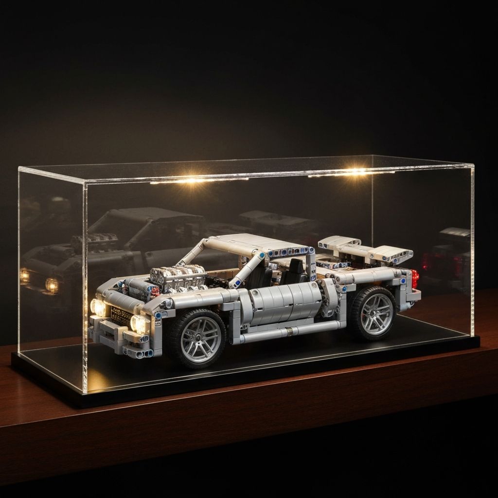 Completed Guly Porsche 918 building block model inside a UV-protective acrylic display case with LED accent lighting