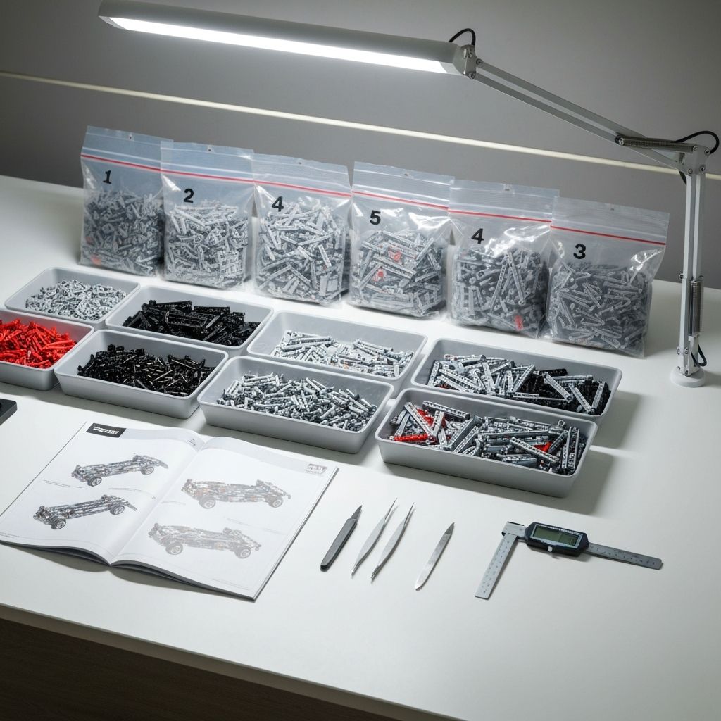 Organized workspace for the Guly Porsche 918 build with numbered bags sorted in sequence and Technic axles in shallow sorting trays