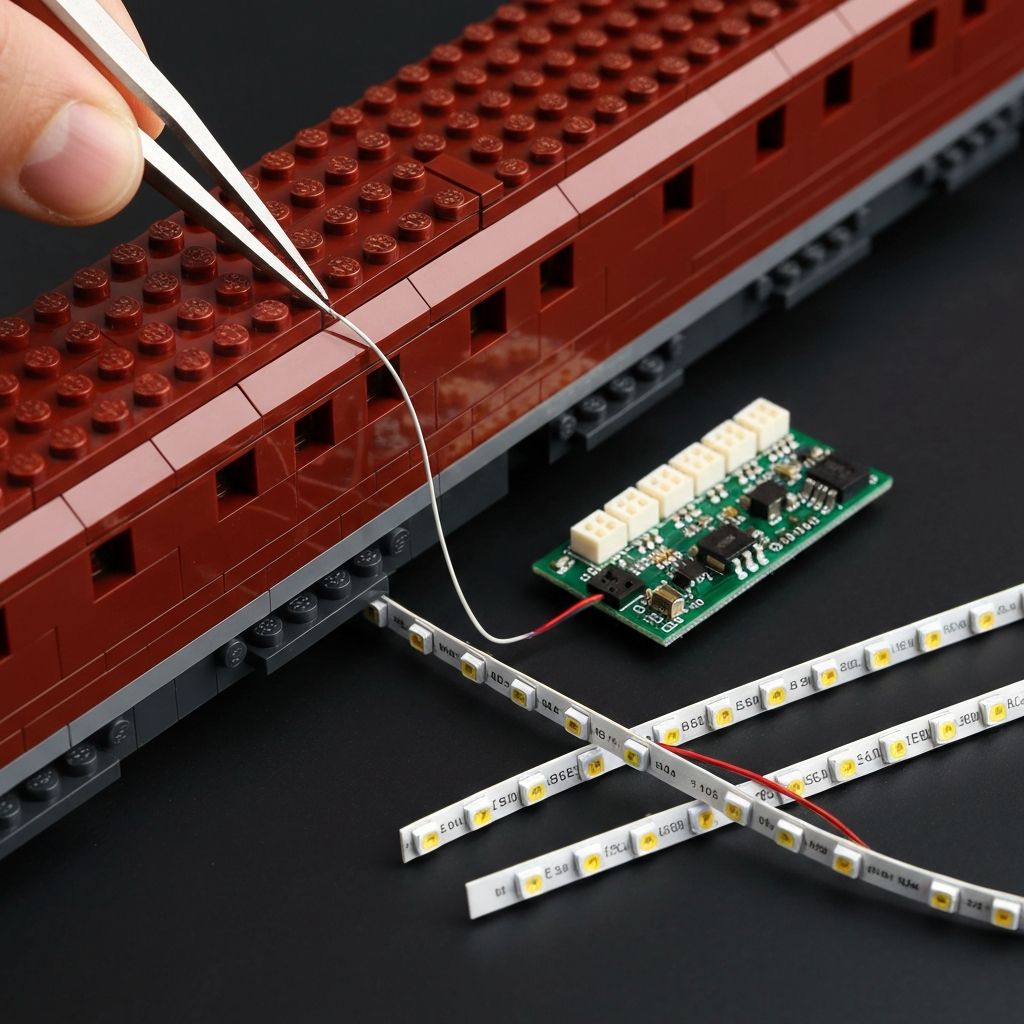 Close-up of 0.1mm micro-wire being routed between dark red brick studs on the Hogwarts Express 76405 carriage roofline during LED kit installation, with expansion board and colour-coded LED strips laid out beside the model